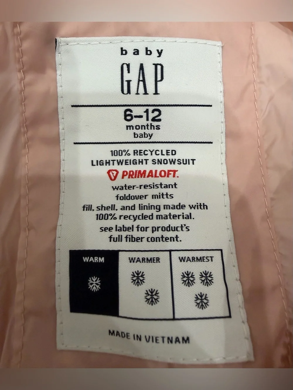 Baby Gap Lightweight Snowsuit Primaloft Pink Size 6-12 Month